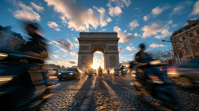 Arc de Triomphe with City Traffic at Sunset in Paris