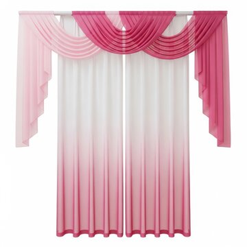 Elegant ombre pink and white sheer curtain set with decorative draped valance isolated on white background