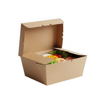 Empty takeout food container with lid open ready for filling. Cardboard meal box isolated for packaging design and delivery service mockups.