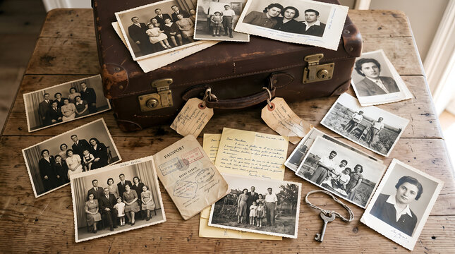 Vintage suitcase with old family photographs and documents on a rustic wooden table.