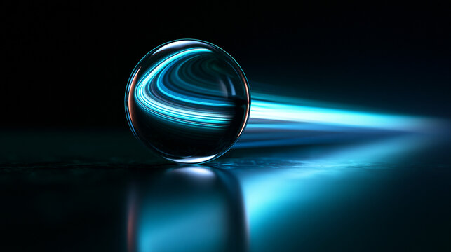 Futuristic Glass Sphere Refracting Glowing Blue Light Trail