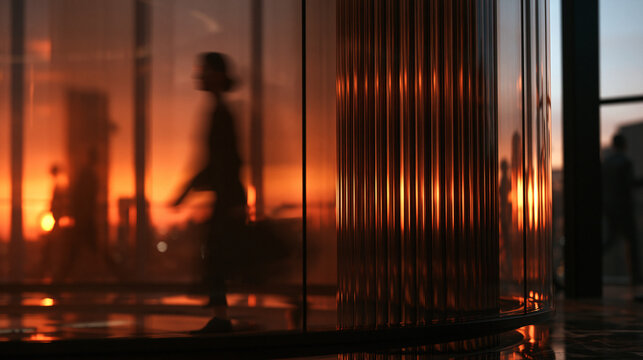 Silhouette of Businessperson Walking in Modern Glass Office at Sunset