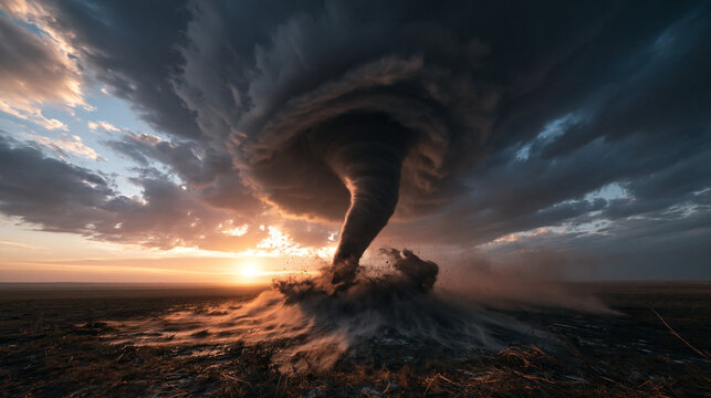 Massive Tornado Touching Down over Open Field at Sunset