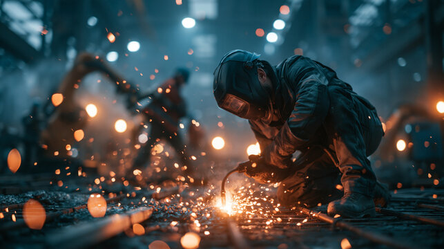 Industrial Welder Working with Sparks in Factory