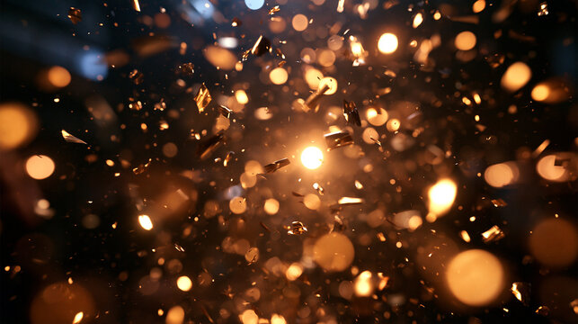 Golden Confetti Burst with Warm Bokeh Lights Background