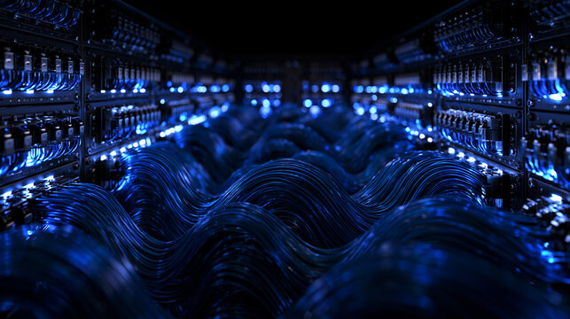 Server Rack Room with Glowing Blue Fiber Optic Cables