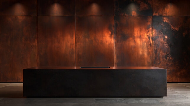 Modern Reception Desk in Luxury Dark Interior with Copper Wall