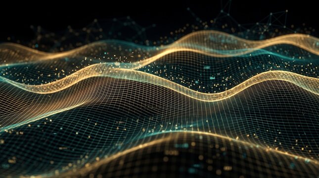 Glowing Digital Data Wave and Network Grid Visualization