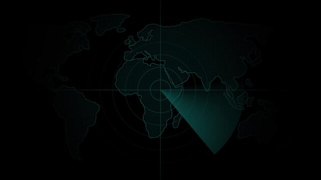World map radar screen. Radar display showing enemy position. Navigation radar display. Motion graphics of radar concept