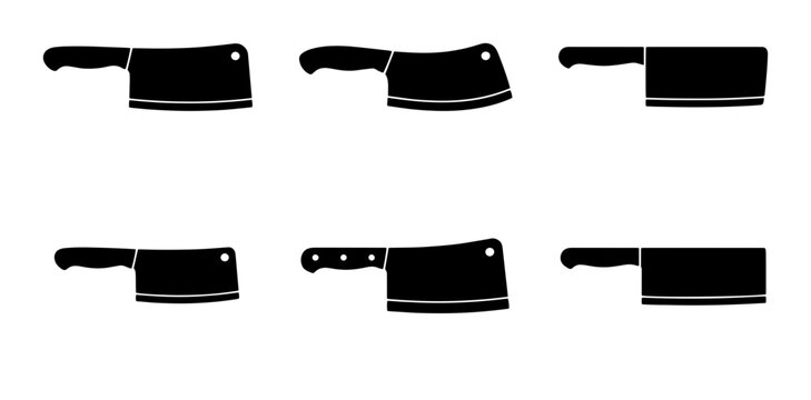 70 Set of Six Black Butcher Knife Icons, Meat Cleaver Vector Graphics for Kitchen and Food Service 100