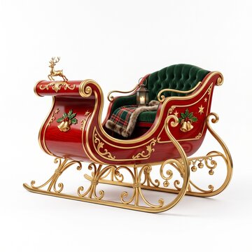 Vintage red Santa sleigh with gold filigree, ornate Christmas carriage with green velvet seat, festive winter holiday sled on white background