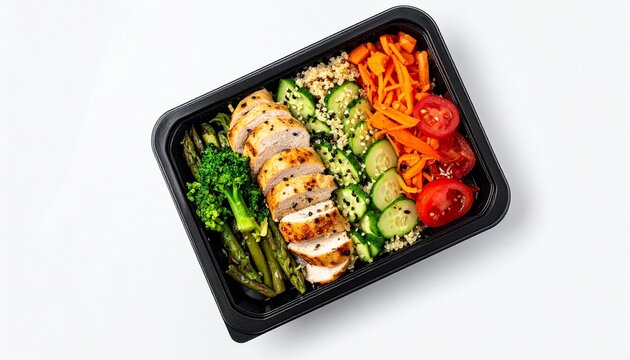 Balanced meal with grilled chicken, fresh vegetables, and grains in a sleek container, showcasing nutrition, color, and clean presentation.