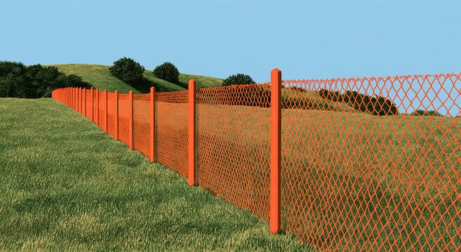 Orange mesh fence stretches across a grassy hillside under a clear sky