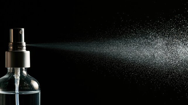Clear liquid aerosol spraying from a clear glass bottle on black