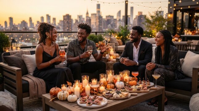 Friends enjoying a festive rooftop gathering with cocktails and appetizers at sunset