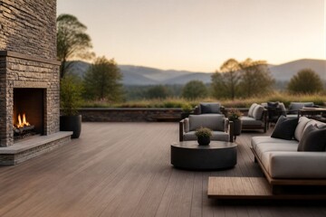 Obraz premium Outdoor terrace featuring fireplace and lounge seating at sunset