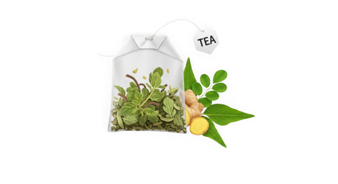 Loose leaf tea in clear resealable pouch with fresh green tea leaves. Premium organic herbal tea packaging for retail and branding display.
