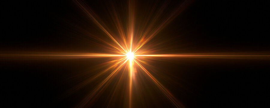 A radiant golden light source produces symmetrical beams and subtle streaks against a deep black background. The abstract composition conveys brilliance, energy, warmth, and motion.