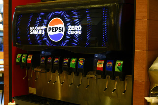 Pepsi beverage dispenser with multiple drink options, Wroclaw, Poland, 22.7.2026