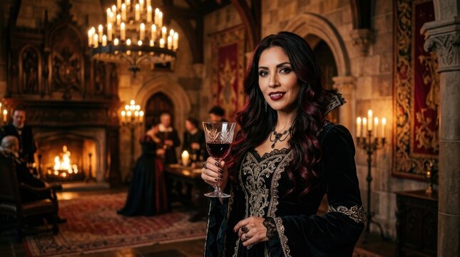 Elegant vampire woman holding wine glass in gothic castle hall