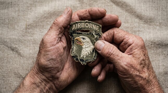 Close up of aged hands holding an Airborne patch. Concept: Memorial Day, military honor, veteran tribute, history, and remembrance for editorial and commercial use. Generative AI.