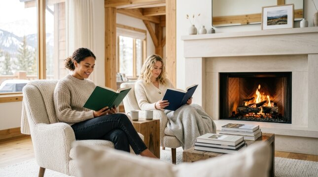 Two women relaxing by a fireplace reading books in a cozy mountain lodge