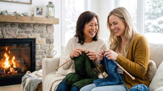 Two women happily knitting together by a cozy fireplace on a winter day