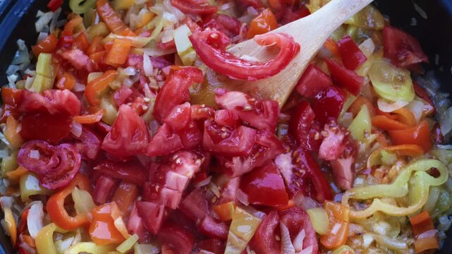 High angle close-up video of colorful sliced bell peppers, onions, and tomatoes simmering in a hot pan with a wooden spoon in the center. Fresh homemade vegetable meal.