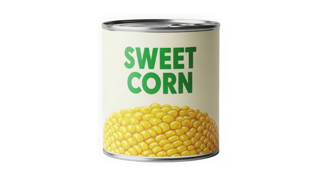 Canned sweet corn in metal tin with label. Isolated yellow vegetable product for food packaging and retail display.
