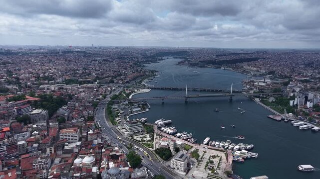 Hali&ccedil; Bridge Over Golden Horn Wide Aerial Panorama