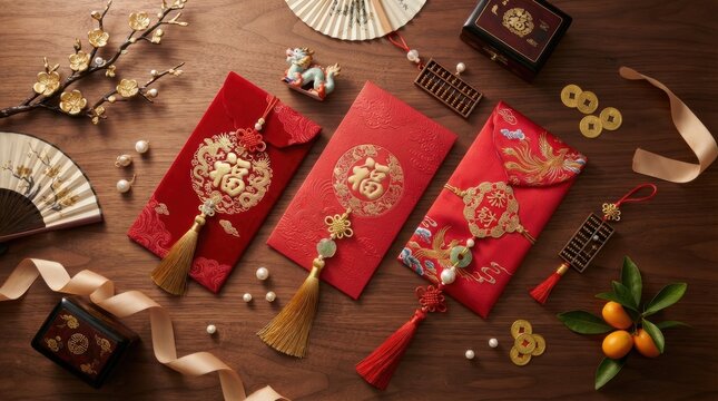 Chinese New Year red envelopes and traditional decorations on wooden table