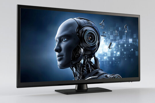 Robot head with technology background on a screen