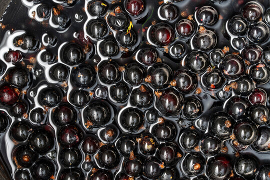 Macro texture of ripe blackcurrant berries in sweet glossy syrup. Closeup top view of fresh black currants in liquid jam or juice with beautiful shiny reflections organic food dessert background