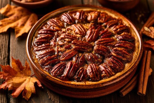 Homemade pecan pie in rustic ceramic dish with autumn leaves and cinnamon sticks on wooden table