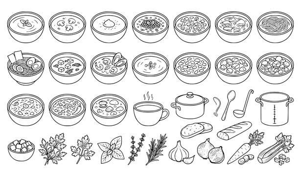 Soup bowls, stews, and cooking ingredients line art vector icons set isolated on white background