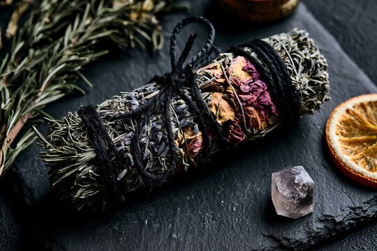 Herbal smudge stick with dried rose petals and lavender tied with black string on dark slate with amethyst crystal and dried orange slice