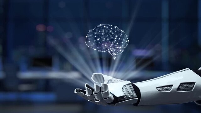 A robotic hand showcasing a digital brain concept represents advanced technology and artificial intelligence in a modern office environment, emphasizing innovation and data interaction. Synapse