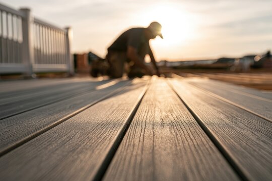 Man installing composite decking boards at sunset