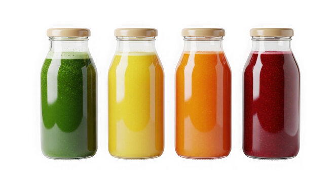 Four glass bottles with natural colored liquids for healthy drinks. Transparent containers of fresh juice, smoothie, or detox water ingredients.