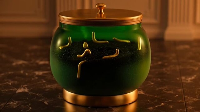 Abstract 3D Animation of Golden Worms Moving Inside a Green Glass Jar.