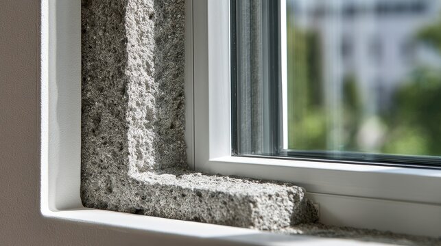 Close-up of a textured concrete window frame detail with soft background