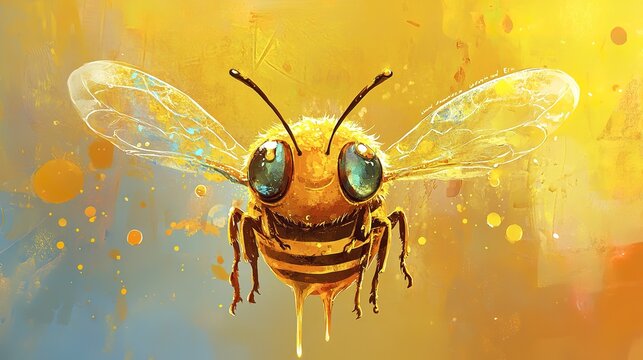 Colorful abstract illustration of a bee with vibrant wings and dripping honey