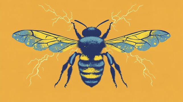 Vibrant electric bee illustration with yellow and blue accents on orange background