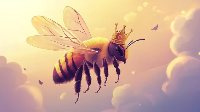 Majestic queen bee flying with a crown in a glowing sky