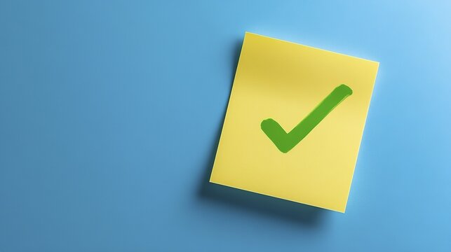 Yellow sticky note with green checkmark on blue background
