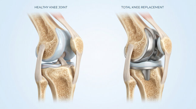 Total Knee Replacement Prosthesis vs Healthy Knee Joint Anatomy 3D
