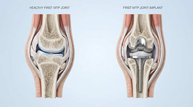 Cross Section of First MTP Joint Implant vs Healthy Toe Anatomy 3D
