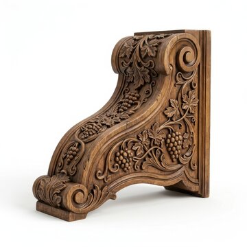 Decorative wooden corbel featuring detailed grape and vine carvings, isolated on a white background, for furniture and, architectural support