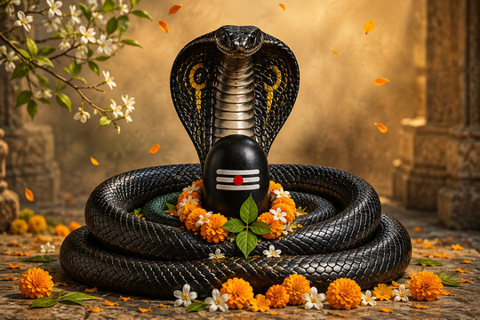 Beautiful black cobra snake over sacred stone during the holy festival nag panchami with flowers offering prayers to shiv lingam mahadev today