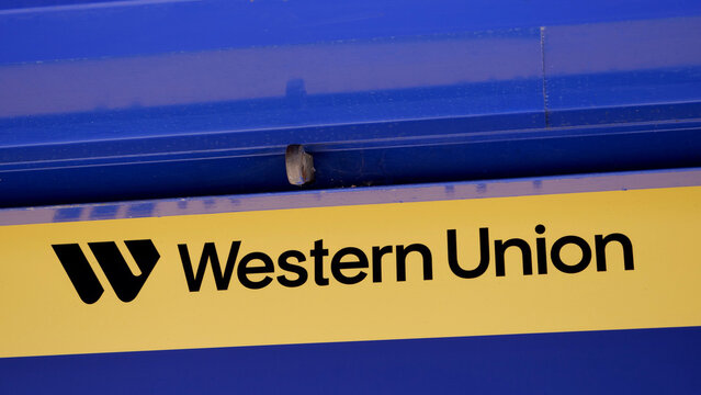 Coventry, England, UK - 20 July 2026: Western Union, logo, sign, financial services store exterior